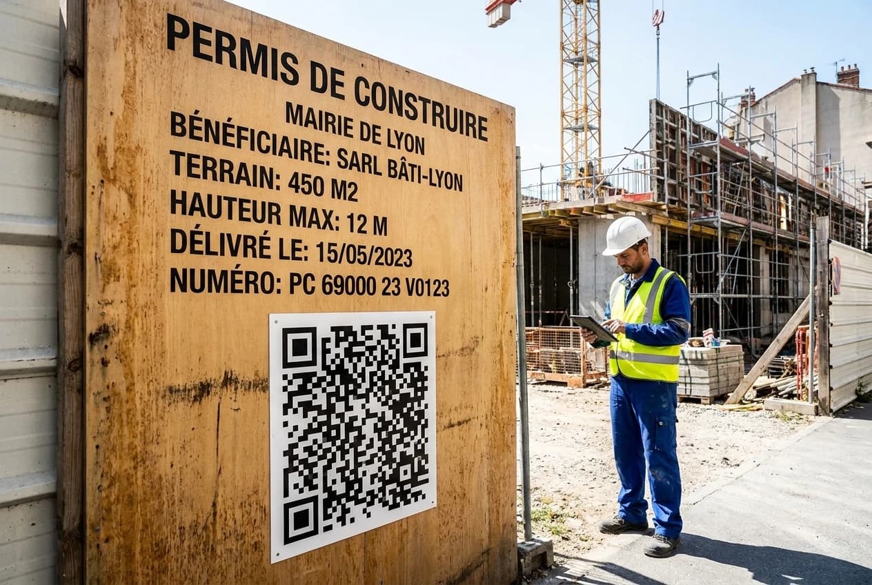 Panneau de permis de construire avec QR code sur un chantier